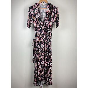 Boden Black Floral Wrap Dress with Pink and White Accents